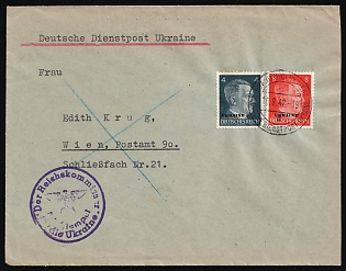 1942 (16 Aug) Ukraine, German Occupation, Germany, Official Mail (Dienstpost) Cover from Rivne to Vienna with 'Reich Commissioner for Ukraine' Handstamp franked with 4pf and 8pf