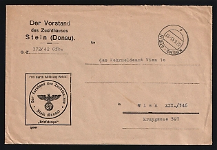 1943 (2 Aug) Third Reich, Germany, Military Mail Cover from Prison Warden Stein (Danube, Austria) to Military Registration Bureau Vienna (Austria), with a square handstamp with a round seal inside, above the inscription "Free through the dissolution of the Reich!"