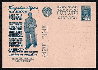 1932 'Correct Address on a Letter is a Guarantee of Timely Delivery! Notify Everyone and Write in the Addresses the Conventional Signs 'Indexes', Which are Assigned to Every Populated Point in Ukraine. 'Index' is the Correct Address of the Letter! Information at the Post Office!' Soviet Union Advertising and Propaganda Postcard