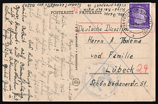 1944 (8 May) Ostland, German Occupation, Germany, 'House of Blackheads' Official Mail (Dienstpost) Picture Postcard from Riga to Lubeck with 'Nazi Party branch in Latvia' Blue Postmark franked with 6k