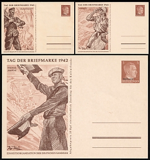 1942 Ostland, Ukraine, German Occupation, Germany, 'Stamp Day' 3pf Postal Stationery Picture Postcards, Mint