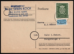 1950 (19 Dec) German Federal Republic, Germany, Postcard from Kleve to Calw franked with 10pf and 2pf Compulsory Surcharge Stamp