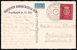 1950 (11 Oct) German Federal Republic, Germany, 'German Watchmaker's Day' Picture Postcard from Frankfurt to Karlsruhe franked with 20pf and 2pf Compulsory Surcharge Stamp with Commemorative Postmark