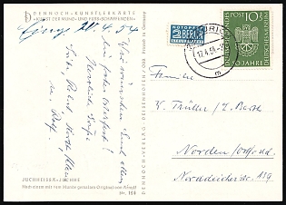1954 (17 Apr) German Federal Republic, Germany, 'Hurrah!' Picture Postcard from Aurich to Norden franked with 10pf and 2pf Compulsory Surcharge Stamp