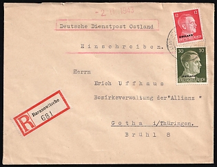 1943 (2 Nov) Ostland, German Occupation, Germany, Official Mail (Dienstpost) Registered Cover from Baranavichy to Gotha with Red Registration Label franked with 12pf and 30pf