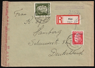 1942 (12 Sep) Ostland, German Occupation, Germany, Registered Censored Cover from Riga to Hamburg with Red Registration Label franked with 12pf and 30pf
