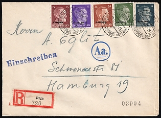 1942 (7 Dec) Ostland, German Occupation, Germany, Official Mail (Dienstpost) Registered Cover from Riga to Hamburg with Red Registration Label franked with 4pf, 5pf, 6pf, 15pf and 24pf