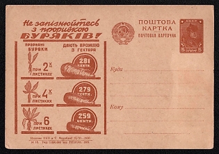1931 'Do not be Late with the Thinning of Beets! Thinned Beets Give a Yield from 3 Hectares: at 2 Leaves — 281 Centn., at 4 Leaves — 279 Centn., at 6 Leaves — 259 Centn.' Soviet Union Advertising and Propaganda Postcard