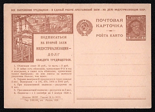 1928 'All Savings of the Workers — into the Single Worker-Peasant Loan — for the Cause of Industrialization of the USSR. To Subscribe to the Second Industrialization Loan — is the Duty of Every Worker.' Soviet Union Advertising and Propaganda Postcard