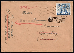 1950 (1 Jan) West Berlin, Germany, Cover from Berlin to Bombay (now Mumbai, India), 'Dead Letter Office' Handstamp and Returned to Sender franked with 30pf
