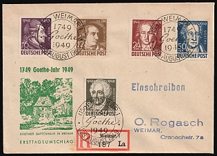 1949 (28 Aug) Soviet Russian Zone of Occupation, Germany, '200th Anniversary of Birth of Johann Wolfgang von Goethe' Registered Picture Cover locally addressed in Weimar with Red Registration Label franked with full set of 6pf - 84pf, Commemorative Postmarks