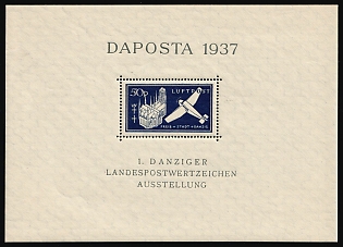 1937 50pf Danzig Gdansk, Germany, Souvenir Sheet, Airmail