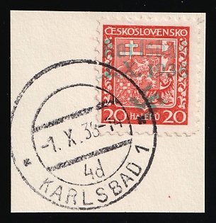 1938 20h Occupation of Karlovy Vary (Karlsbad) on piece, Sudetenland, Germany, Karlsbad Postmark, Signed