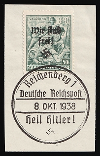 1938 50h Occupation of Reichenberg on piece, Sudetenland, Germany, Certificate, Reichenberg Postmark