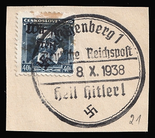 1938 40h Occupation of Reichenberg on piece, Sudetenland, Germany, Reichenberg Postmark, Signed