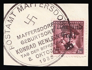 1938 1kc Occupation of Maffersdorf on piece, Sudetenland, Germany, Maffersdorf Postmark, Signed