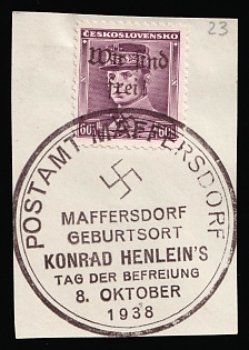 1938 60h Occupation of Maffersdorf on piece, Sudetenland, Germany, Maffersdorf Postmark, Signed