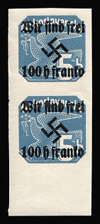 1938 100h on 5h Occupation of Rumburg, Sudetenland, Germany, Pair, Margin