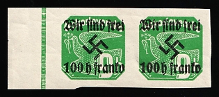 1938 100h on 9h Occupation of Rumburg, Sudetenland, Germany, Pair, Margin, Green Color Strip