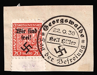1938 20h Occupation of Rumburg on piece, Sudetenland, Germany, Margin, Georgenswalde Postmark