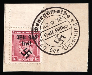 1938 1kc Occupation of Rumburg on piece, Sudetenland, Germany, Corner Margin, Georgenswalde Postmark