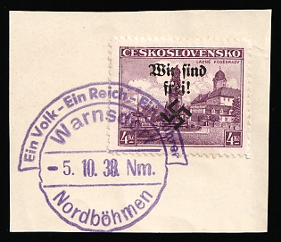 1938 4kc Occupation of Rumburg on piece, Sudetenland, Germany, Varnsdorf Postmark