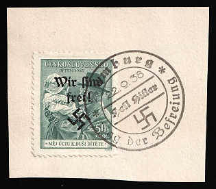 1938 50h Occupation of Rumburg on piece, Sudetenland, Germany, Rumburg Postmark