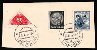 1938 2.50kc Occupation of Rumburg on piece, Sudetenland, Germany with 1pf Third Reich and 50h Czech Republic, Sluknov Postmark, Signed