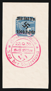 1938 100h on 5h Occupation of Rumburg on piece, Sudetenland, Germany