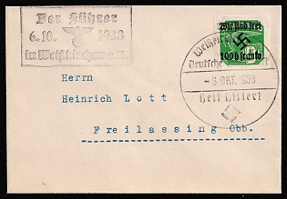 1938 (6 Oct) Occupation of Rumburg, Sudetenland, Germany, Cover from Weisskirchen to Freilassing with Propaganda Handstamp 'Fuhrer in Weisskirchen' franked with 100h on 9h