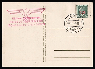 1938 (30 Sep) Occupation of Asch, Sudetenland, Germany, Picture Postcard from Asch with Propaganda Postmark 'We have borne the yoke, now we are free and will remain free!' franked with 1.20kc, Margin