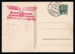 1938 (30 Sep) Occupation of Asch, Sudetenland, Germany, Picture Postcard from Asch with Propaganda Postmark 'We have borne the yoke, now we are free and will remain free!' franked with 1.20kc