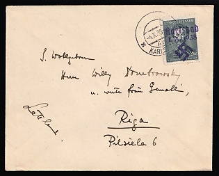 1938 (4 Oct) Occupation of Karlovy Vary (Karlsbad), Sudetenland, Germany, Cover from Karlovy Vary to Riga franked with 2kc
