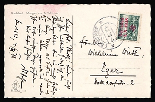1938 (1 Oct) Occupation of Karlovy Vary (Karlsbad), Sudetenland, Germany, 'Morning near Mühlbrunn' Picture Postcard from Karlovy Vary to Eger franked with 50h
