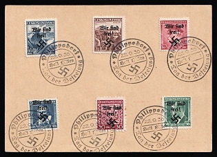 1938 (22 Sep) Occupation of Rumburg, Sudetenland, Germany, 50h Postal Stationery Postcard from Philippsburg franked with 30h, 40h, 50h, 1kc, 2.50kc and 3kc