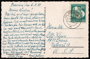 1951 (8 Nov) German Democratic Republic, Germany, 'Dresden-Mockritz with Strehlen Church' Picture Postcard from Dresden to Detroit (United States) franked with 30pf