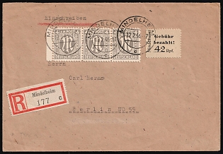 1946 (12 Feb) Mindelheim, Germany Local Post, Unofficial Issue, Registered Cover from Mindelheim to Berlin with Red Registration Label franked with 42pf and strip of 4pf British and American Zones of Occupation