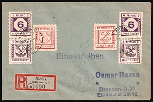 1945 (2 Oct) Niesky (Oberlausitz), Germany Local Post, Registered Cover from Niesky to Dresden with Red Registration Label franked with se-tenants of 6pf and 2 x 12pf