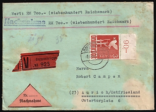 1947 (8 Dec) Joint Issue, Allied Occupation, Germany, Registered Cover from Coppenbrugge to Aurich with Wax Seals and with Red Triangle Registration Label franked with 3m, Margin, Plate Number