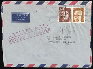 1976 (6 Apr) German Federal Republic, Germany, Airmail 'Lottery Mail' Prohibited Return Cover from Munich to Brooklyn (United States) franked with 100pf and 120pf