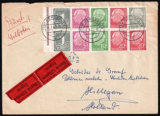 1960 (7 Mar) German Federal Republic, Germany, Express Cover from Hersbruck to Hillegom (Netherlands) by Railway Mail with 'Nurnberg-Schirnding Bahnpost' Handstamp with two Red Express Label franked with se-tenant block, Margin