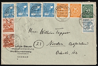1948 (22 Jun) Joint Issue, Allied Occupation, Germany, Cover from Braunschweig to Norden with multiple franking