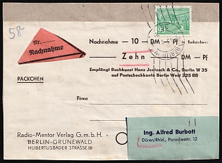 1951 (25 Aug) West Berlin, Germany, Registered Cash-on-Delivery Parcel Label from 'Radio-Mentor Verlag' in Berlin to Duren with Red Triangle Registration Label franked with 90pf