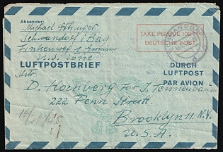 1948 (16 Oct) British and American Zones of Occupation, Germany, 100pf Postal Stationery Airmail Cover from Schwandorf to Brooklyn (United States) via Frankfurt