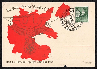 1938 'One People, One Realm, One Leader!', Maps, Third Reich Nazi Propaganda Postcard