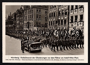 1933-1945 'Nuremberg: March-Past of the Party Formations before the Fuhrer at Adolf-Hitler-Platz', Nunemberg NSDAP Party Rallies, Third Reich Nazi Propaganda Postcard