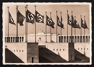 1933-1945 'City of the Party Rallies: Nuremberg—the Zeppelin Field. Side Pavilions with Fluttering Flags; in the Background, the Grandstand Structure. Architect: General Building Inspector Prof. Albert Speer. Genuine Photograph, Original Print', Nunemberg NSDAP Party Rallies, Third Reich Nazi Propaganda Postcard