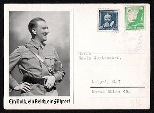 1938 'One People, One Reich, One Leader!', Hitler, Third Reich Nazi Propaganda Postcard
