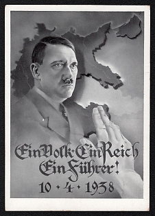 1938 'One People, One Reich, One Leader!', Hitler, Third Reich Nazi Propaganda Postcard