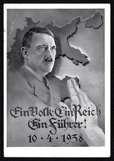 1938 'One People, One Reich, One Fuhrer!', Hitler, Third Reich Nazi Propaganda Postcard